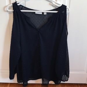 Sheer navy blue cold shoulder blouse.